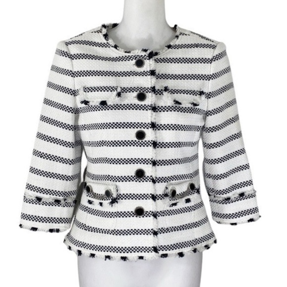White House Black Market white black tweed stripe fringe crop jacket 00